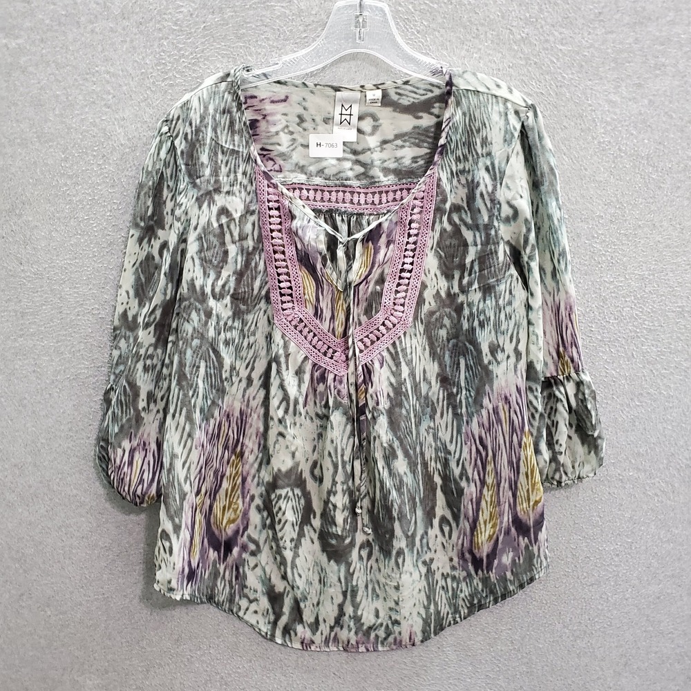 Marc Bouwer Women Top‎ Medium Gray Blouse Peasant Boho Aztec 3/4 Sleeve